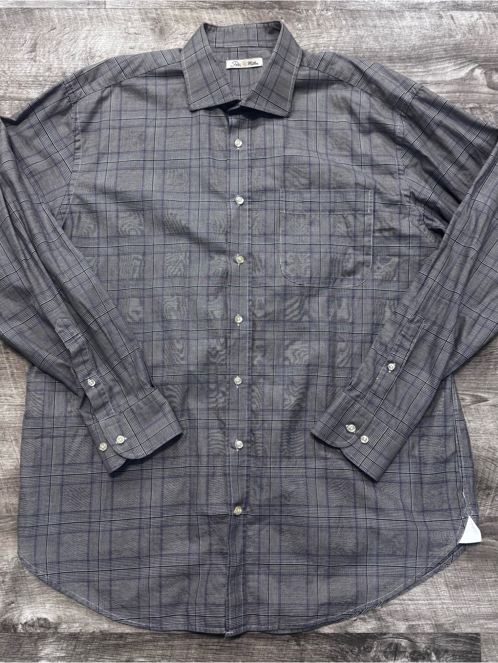 Peter Millar Long Sleeve Button Down Black/Purple Plaid Pocket Shirt Mens Sz. L